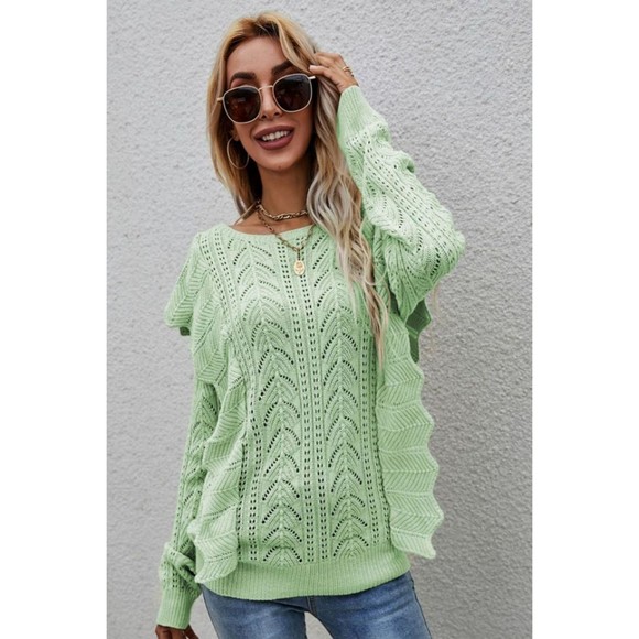 Openwork Round Neck Ruffled Sweater - Picture 12 of 16